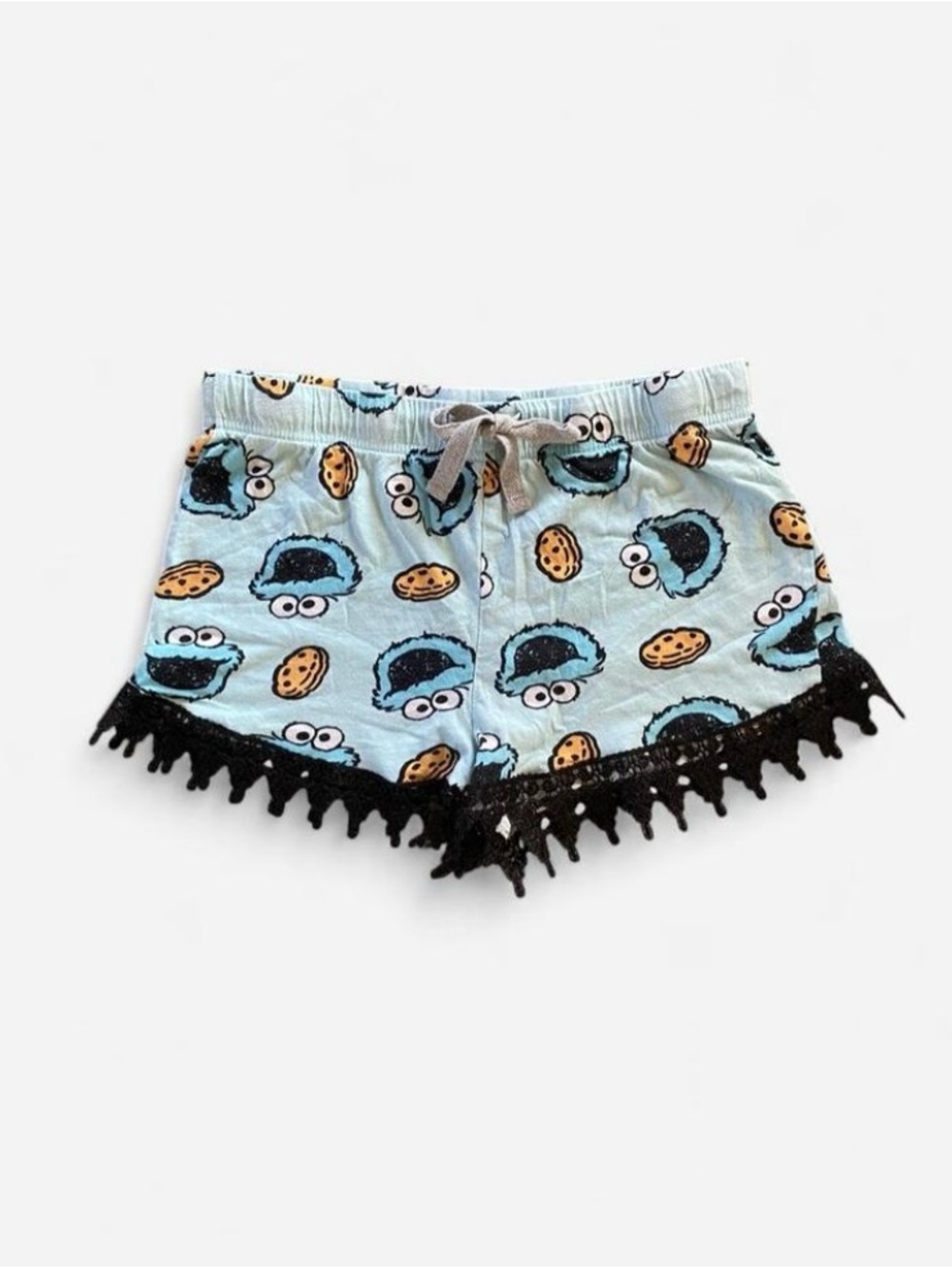 Upcycled Baby Blue Cookie Monster Shorts with Black Lace Trim